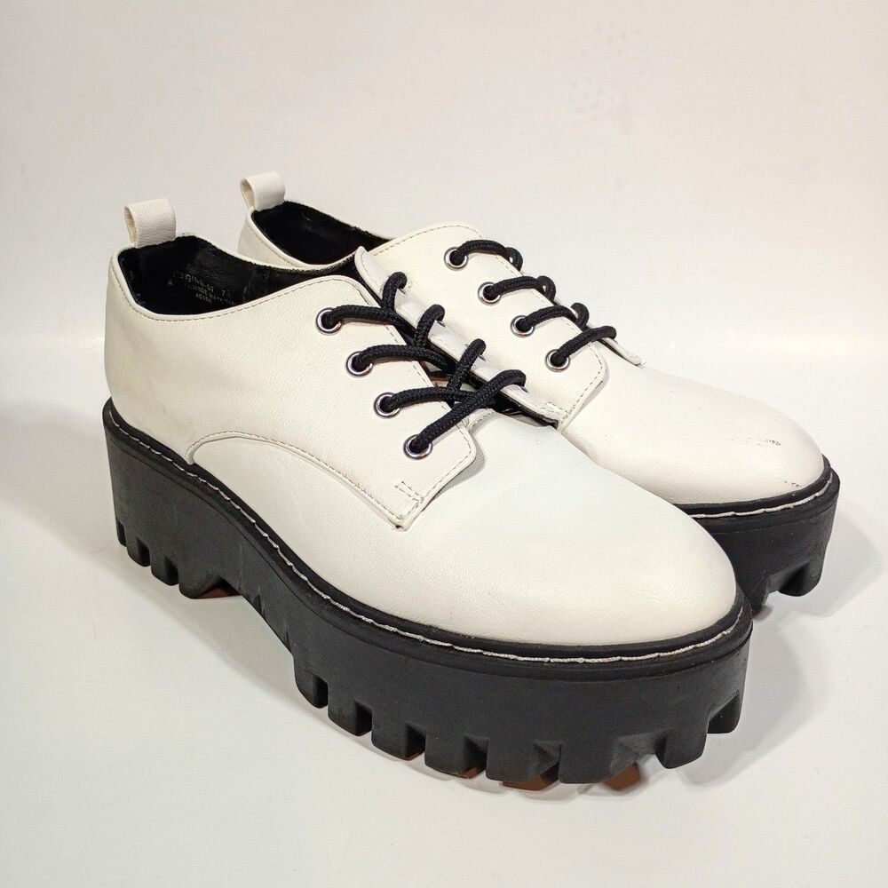 White Vegan Leather Womens Platform Oxford Shoes 7 Lug Sole Grunge Mall Goth
